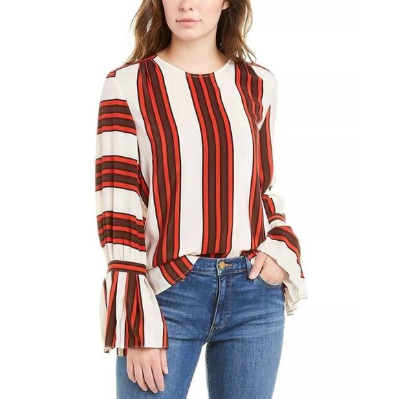 Tory Burch Maverick Top 100% Silk Flare Sleeve Striped Ivory Red NWT 0 - Picture 2 of 12